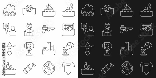 Set line Swimsuit, Kitesurfing, Water polo, Yacht sailboat, Wetsuit for scuba diving, Assessment of judges, Glasses swimming and Fishing harpoon icon. Vector