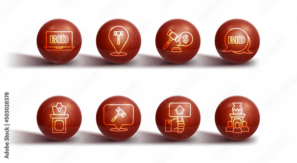 Set line Online auction, Auction jewelry sale, Bid, Hand holding paddle, hammer, ancient vase and price icon. Vector Set line Online auction, Auction jewelry sale, Bid, Hand holding paddle, hammer, ancient vase and price icon. Vector