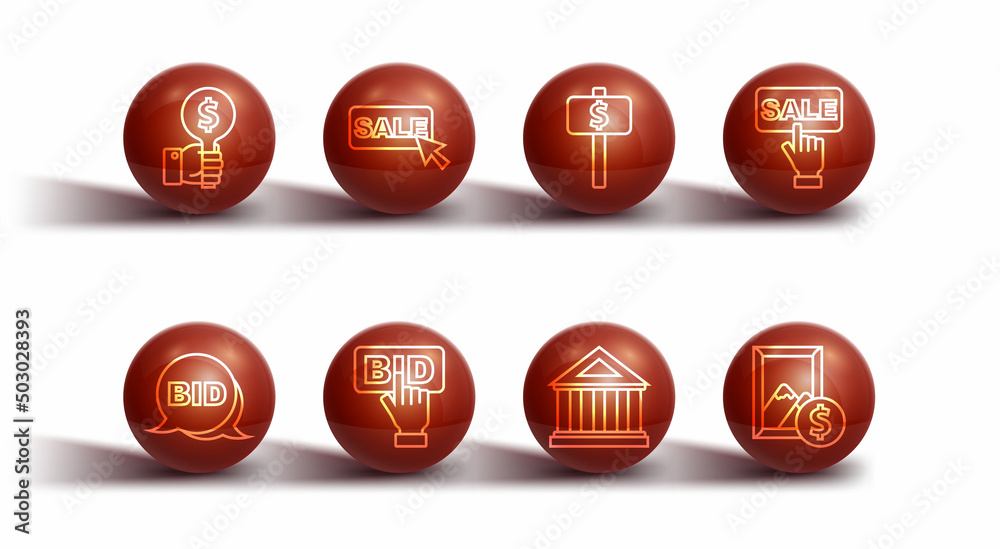 Set line Hand holding auction paddle, Bid, Price tag with Sale, Museum building, Auction painting and icon. Vector Set line Hand holding auction paddle, Bid, Price tag with Sale, Museum building, Auction painting and icon. Vector