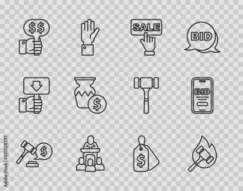 Set line Auction hammer price, Price tag with Sale, auctioneer sells, Hand holding paddle, ancient vase, and Online icon. Vector
