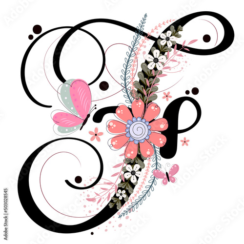  Alphabet ornaments. LETTER F floral vector with flowers, butterfly and leaves, vintage handwritten, Decoration vintage for invites card and other concept ideas. Illustration letter F anniversary