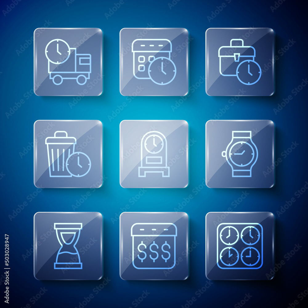 Set line Old hourglass, Payday, calendar with dollar, Time zone clocks, Work time, Antique, Waste of, Delivery truck and and Wrist watch icon. Vector Set line Old hourglass, Payday, calendar with dollar, Time zone clocks, Work time, Antique, Waste of, Delivery truck and and Wrist watch icon. Vector