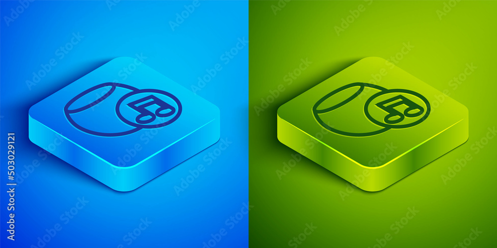 Isometric line Voice assistant icon isolated on blue and green background. Voice control user interface smart speaker. Square button. Vector Isometric line Voice assistant icon isolated on blue and green background. Voice control user interface smart speaker. Square button. Vector