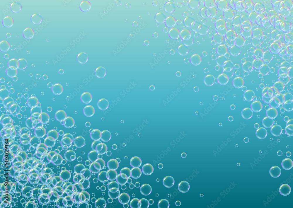 Bathtub foam. Detergent soap bubble and suds for bath. Shampoo. Aqua fizz and splash. Realistic water frame and border. 3d vector illustration invite. Blue colorful liquid bathtub foam.