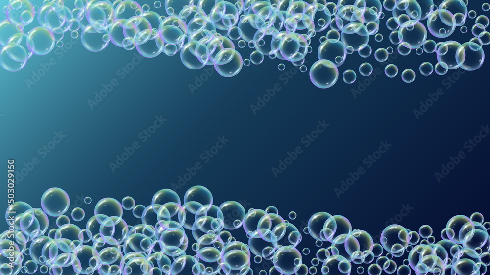 Bubble background with shampoo foam and detergent soap. Aqua Rainbow fizz and splash. Realistic water frame and border. 3d vector illustration poster. colorful liquid bubble background.
