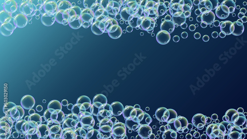 Bubble background with shampoo foam and detergent soap. Aqua Rainbow fizz and splash. Realistic water frame and border. 3d vector illustration poster. colorful liquid bubble background.
