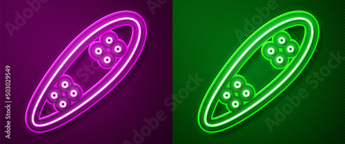 Glowing neon line Longboard or skateboard cruiser icon isolated on purple and green background. Extreme sport. Sport equipment. Vector
