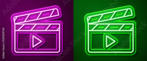Glowing neon line Movie clapper icon isolated on purple and green background. Film clapper board. Clapperboard sign. Cinema production or media industry. Vector