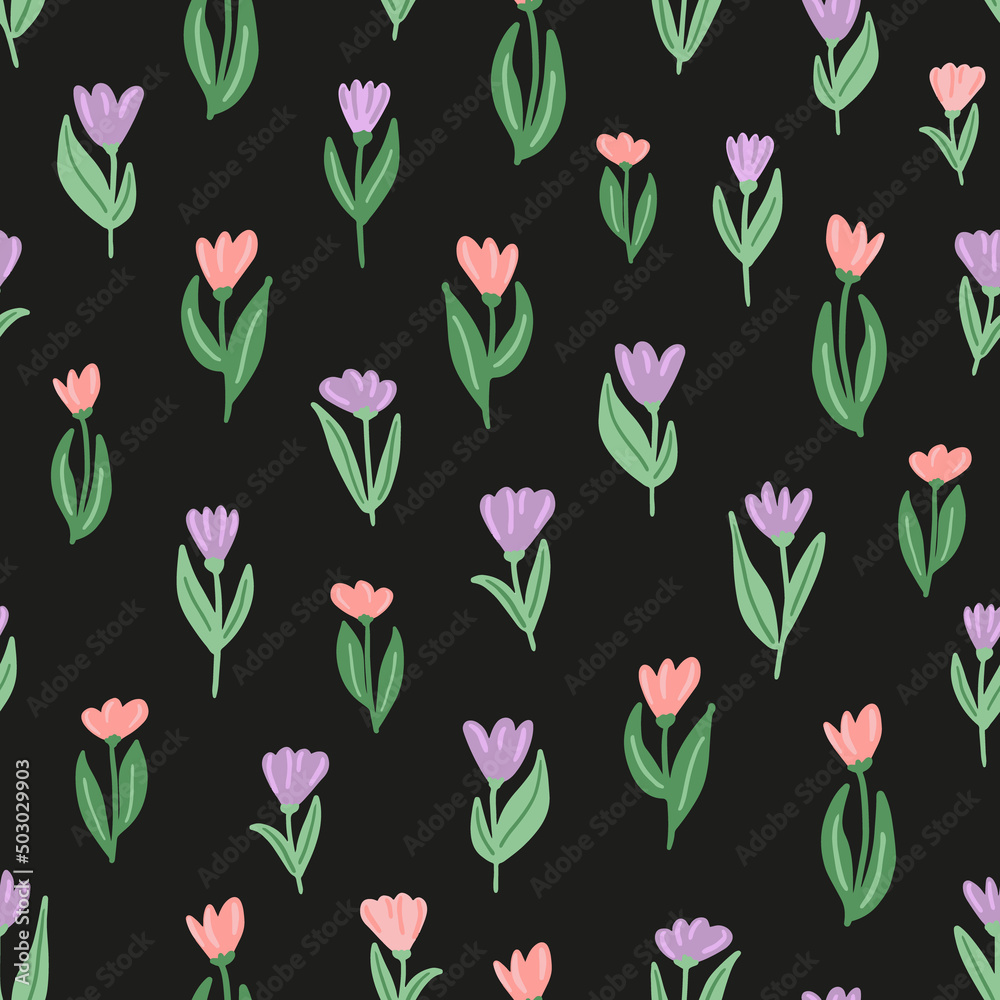 Obraz premium Hand drawn, flowers with leaves seamless repeat pattern. Vector, floral all over surface print on black background.