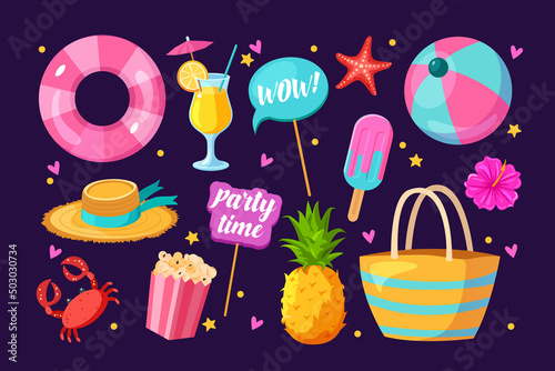 Canvas Print Set of cute icons for a summer party: cocktail drinks, exotic fruits, ice cream, and other symbols