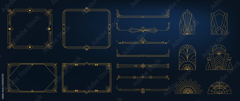 Collection of geometric art deco ornament. Luxury golden decorative elements with different lines, frames, headers, dividers and borders. Set of elegant design suitable for card, invitation, poster. - obrazy, fototapety, plakaty 