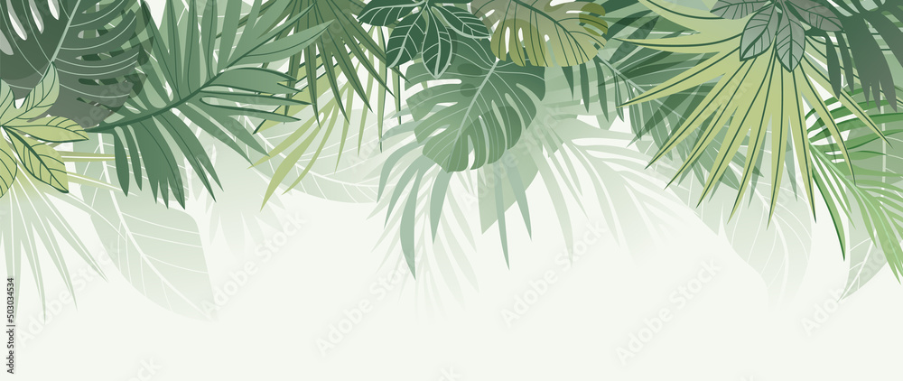 Abstract foliage and botanical background. Green tropical forest wallpaper of monstera leaves, palm, branches in hand drawn pattern. Exotic plants background for banner, prints, decor, wall art. - obrazy, fototapety, plakaty 