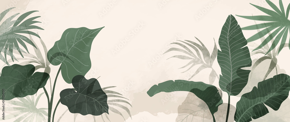 Abstract foliage and botanical background. Green tropical forest wallpaper of monstera leaves, palm, branches in hand drawn pattern. Exotic plants background for banner, prints, decor, wall art. - obrazy, fototapety, plakaty 