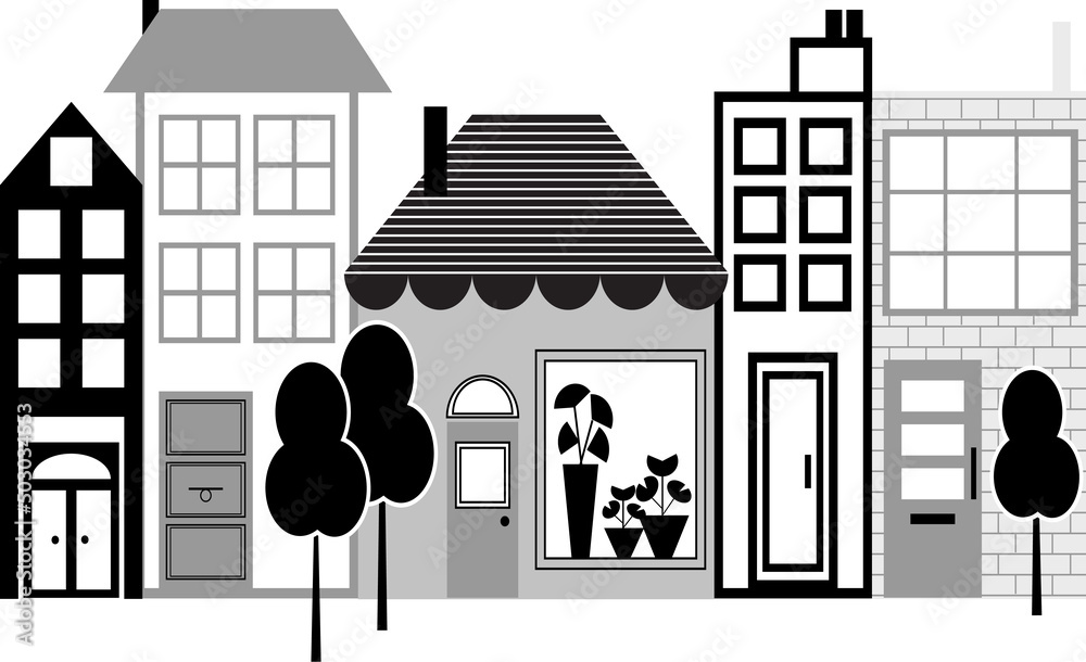 Naklejka premium Wall art, wallpaper, wall sticker, children's room decor. Nursery wall art, Vector illustration. Scandinavian style. Cute city, village background design.