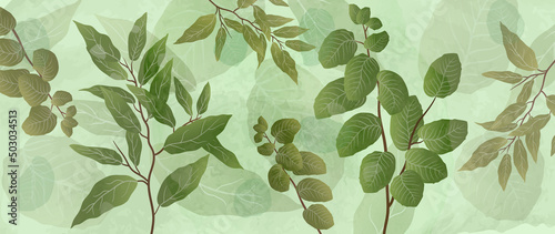 Abstract foliage and botanical background. Green tropical forest wallpaper of monstera leaves, palm, branches in hand drawn pattern. Exotic plants background for banner, prints, decor, wall art.