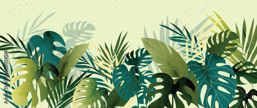 Abstract foliage and botanical background. Green tropical forest wallpaper of monstera leaves, palm, branches in hand drawn pattern. Exotic plants background for banner, prints, decor, wall art. #503034514