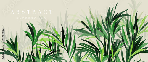 Abstract foliage and botanical background. Green tropical forest wallpaper of monstera leaves, palm, branches in hand drawn pattern. Exotic plants background for banner, prints, decor, wall art.