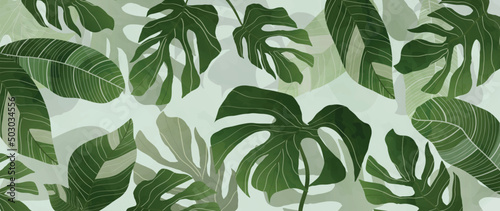 Abstract foliage and botanical background. Green tropical forest wallpaper of monstera leaves, palm, branches in hand drawn pattern. Exotic plants background for banner, prints, decor, wall art.