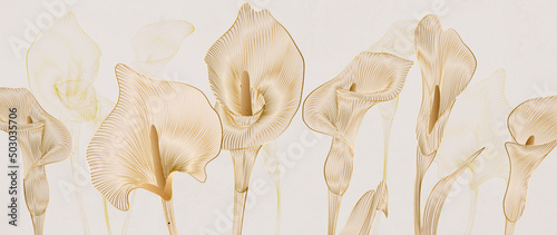 Fényképezés Luxury art background with calla flowers with golden elements in art line style