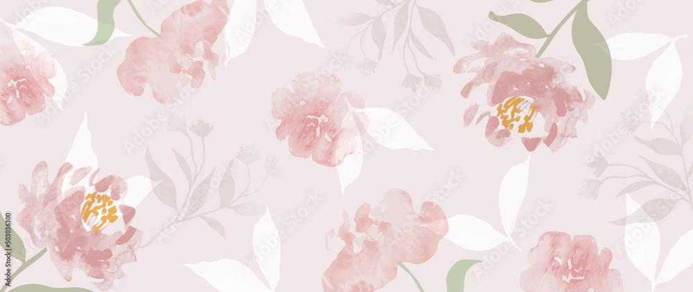 Abstract floral in seamless pattern vector background. Blossom wallpaper with green leaves, pink flower in watercolor texture. Spring flowers seamless illustration suitable for fabric, prints, cover. - obrazy, fototapety, plakaty 