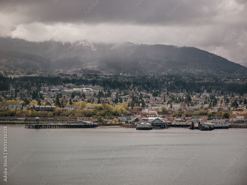 Waterfront at Port Angeles, Washington, USA, and Olympic Mountains in background