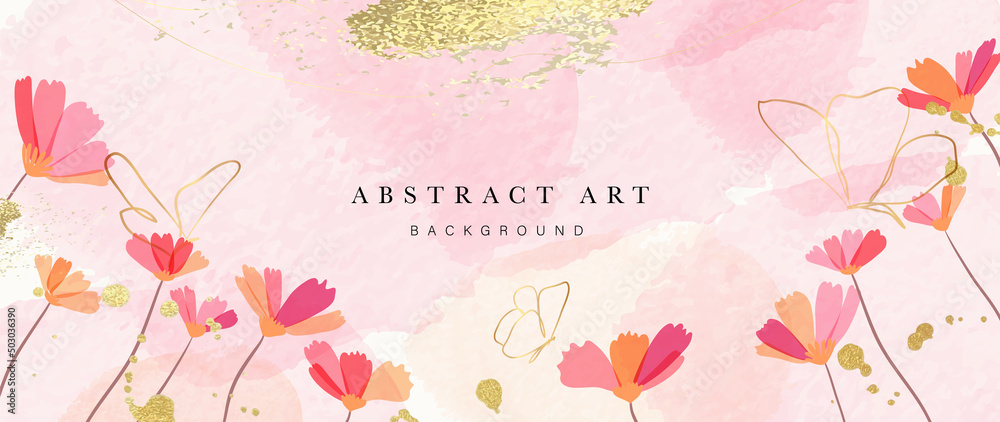 Spring floral in watercolor vector background. Luxury wallpaper design with pink flowers, butterflies, golden texture. Elegant gold blossom flowers illustration suitable for fabric, prints, cover. - obrazy, fototapety, plakaty 