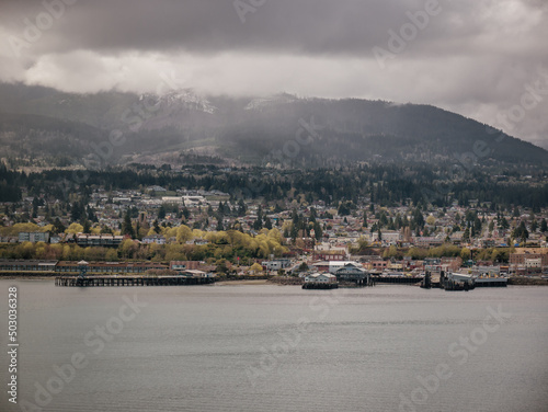Waterfront at Port Angeles, Washington, USA, and Olympic Mountains in background