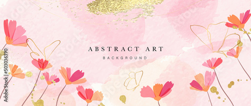 Spring floral in watercolor vector background. Luxury wallpaper design with pink flowers, butterflies, golden texture. Elegant gold blossom flowers illustration suitable for fabric, prints, cover.