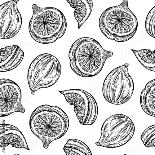 Figs seamless vector pattern. Ripe garden fruits whole, half, slice. Sketch of summer dessert with juicy pulp, seeds. Monochrome outline of vegetarian plant. Hand drawn botanical background