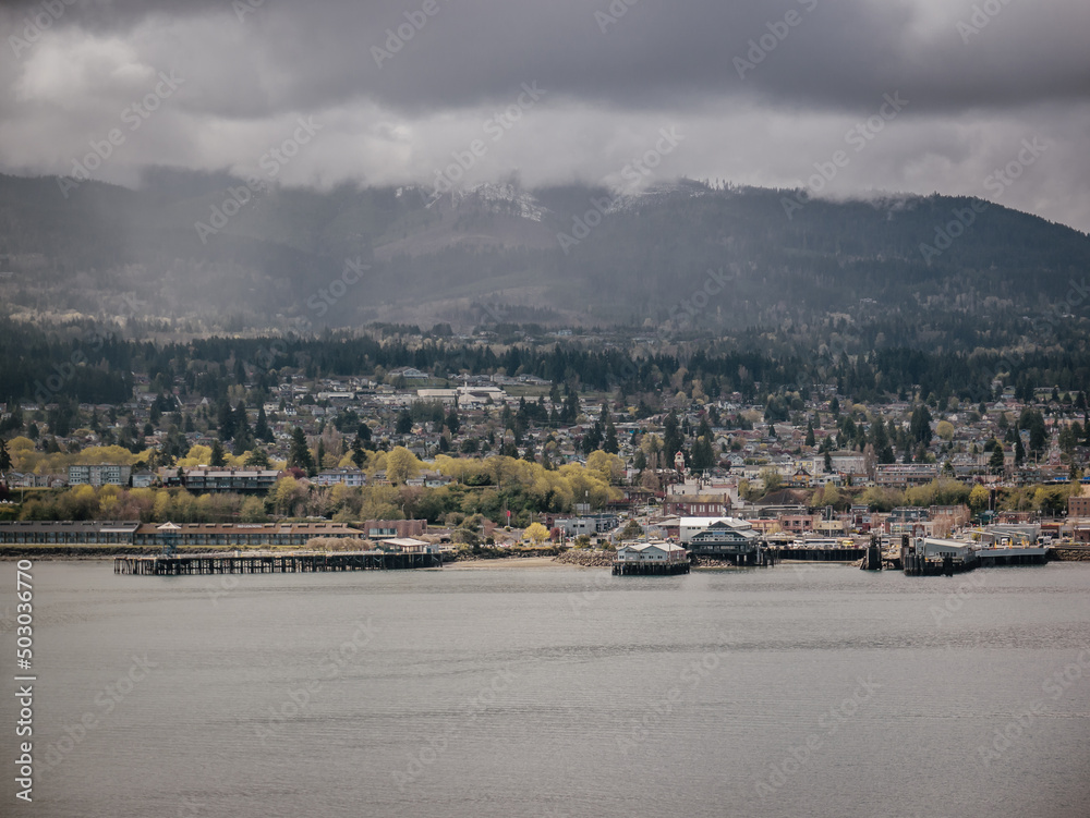 Waterfront at Port Angeles, Washington, USA, and Olympic Mountains in background