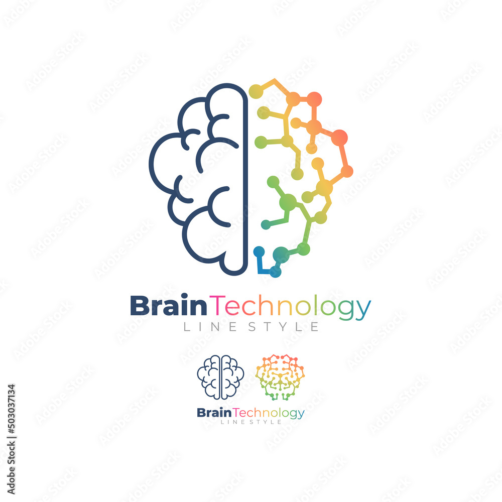 Obraz premium Brain logo with line design technology, colorful icons