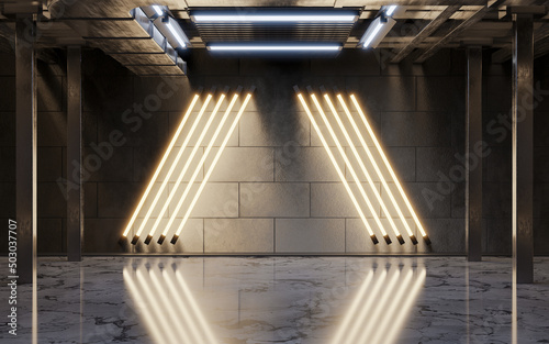 Dark building with neon illumination  3d rendering.