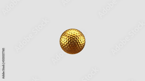 A golden golf ball floats in the air. 3D rendering illustration. Golf ball with shiny gold leaf. Promote a sporting event or golf tour.