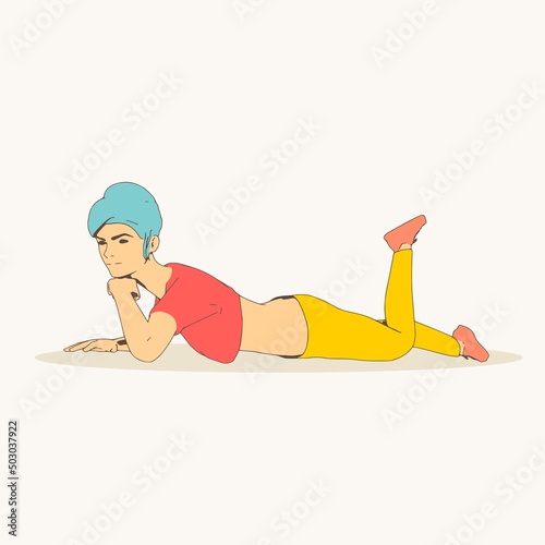 Lying woman. Sport girl illustration. Casual sportwear - t-shirt, breeches and sneakers. Young woman wearing workout clothes. Sport fashion girl outline in urban casual style.