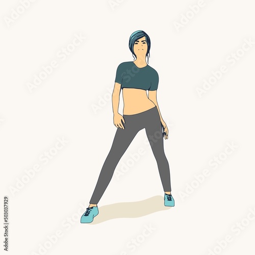 Standing woman. Sport girl illustration. Casual sportwear - t-shirt, breeches and sneakers. Young woman wearing workout clothes. Sport fashion girl outline in urban casual style.