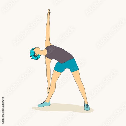 Young female workout. Sport girl doing stretching exercise. Casual sportwear - t-shirt, breeches and sneakers. Young woman wearing workout clothes. Sport fashion girl outline in urban casual style.