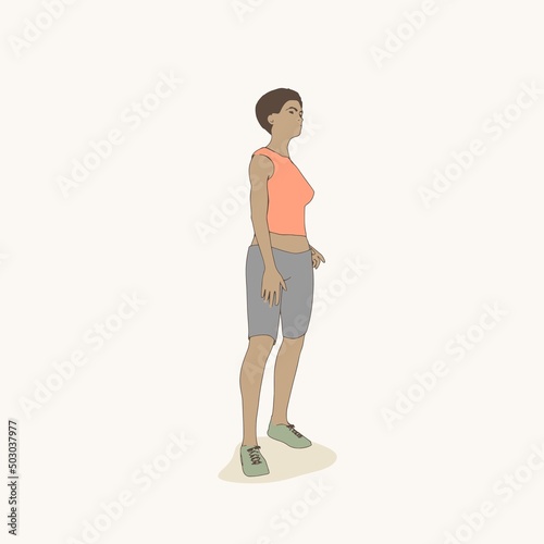 Standing afro american woman. Sport girl illustration. Casual sportwear - t-shirt, breeches and sneakers. Young woman wearing workout clothes. Sport fashion girl outline in urban casual style.