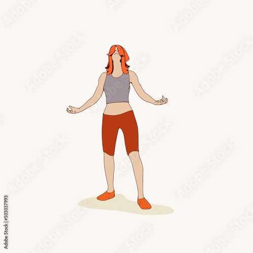 Standing woman. Sport girl illustration. Casual sportwear - t-shirt, breeches and sneakers. Young woman wearing workout clothes. Sport fashion girl outline in urban casual style.
