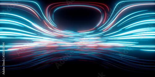 Fototapeta Naklejka Na Ścianę i Meble -  Glowing round illuminated lines with motion blur, 3d rendering. 360-degree seamless panoramic view.