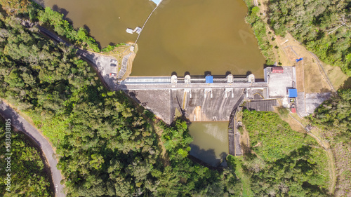 Aerial view over the Cameron Highlands, Malaysia from the sky. Aerial birds eye view over a dam in the Malaysian Cameron highlands. A drone capture of the highland landscape in the center of Malaysia