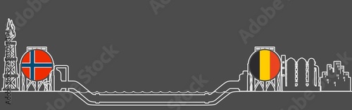 Natural gas underwater transit from Norway to Belgium. Gas rig, chemical plant, tank storage and pipe. National flags. Thin line style