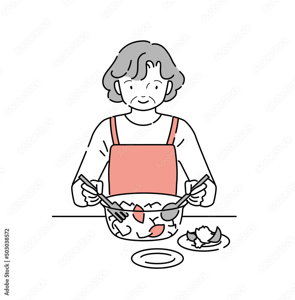 ボウルでサラダを和える年輩女性のイラスト
