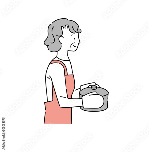 鍋を運ぶ年輩女性のイラスト