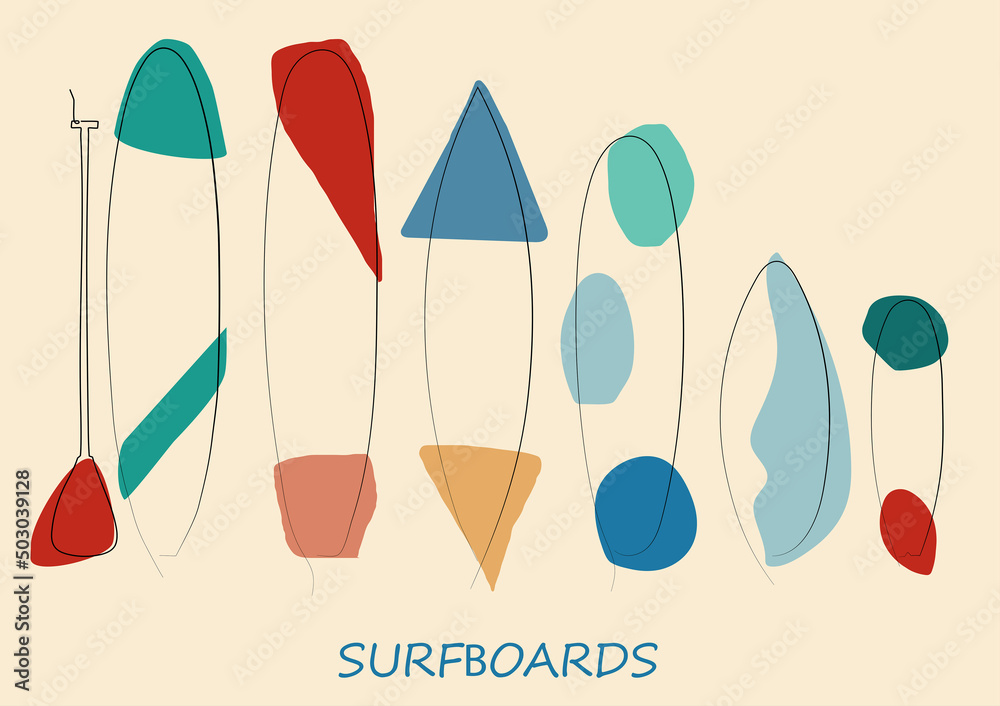 Surfboards collection in one line art Surfboards collection in one line art