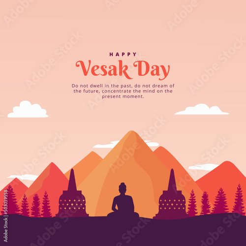 Happy Vesak Day with Buddha, Temples, Trees, and Mountains. Selamat Hari Waisak Background Vector Illustration