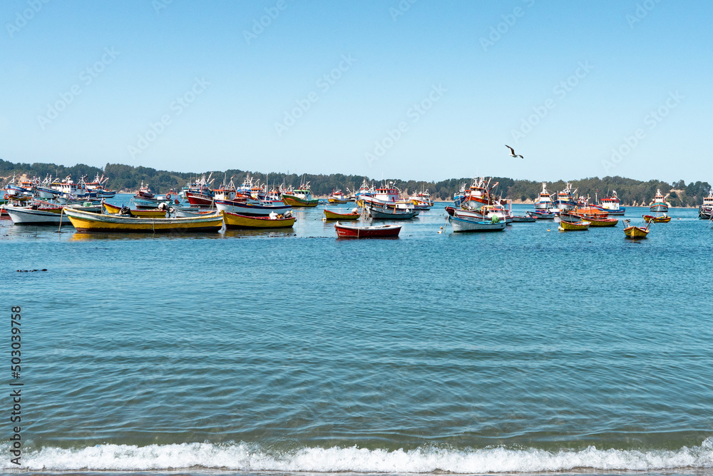 Horizontal shot of colorful boats in Caleta Tumbes with wide sea and waves, Chile
