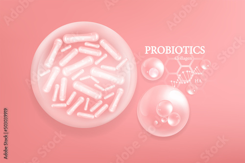 Probiotics and Hyaluronic acid skin solutions ad, pink vitamins serum drop with cosmetic advertising background ready to use, illustration vector.