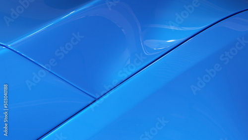 Car paint. Surface of blue sport sedan auto, detail of metal hood. Blue background, metal paintwork texture. 3d illustration