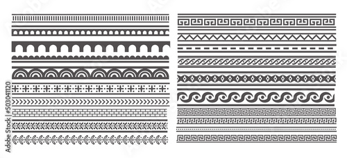 Greek style seamless frames. Geometric border set. Vector ornament pattern. Mediterranean decor elements.