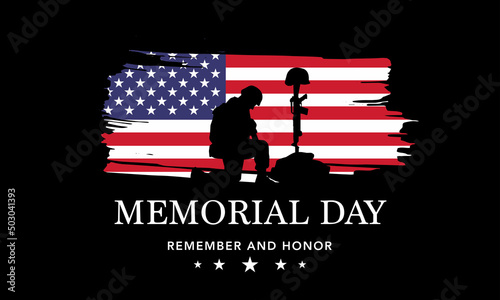 Soldiers silhouette saluting the USA flag for memorial day. Poster or banners illustration. USA flag as a background.
